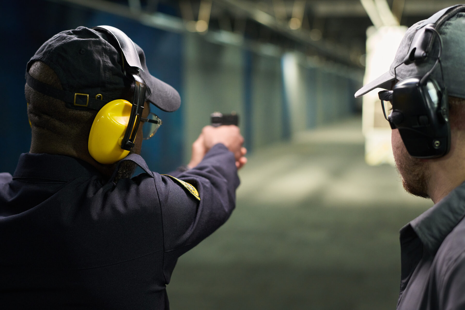 Firearms training at an indoor ballistic range