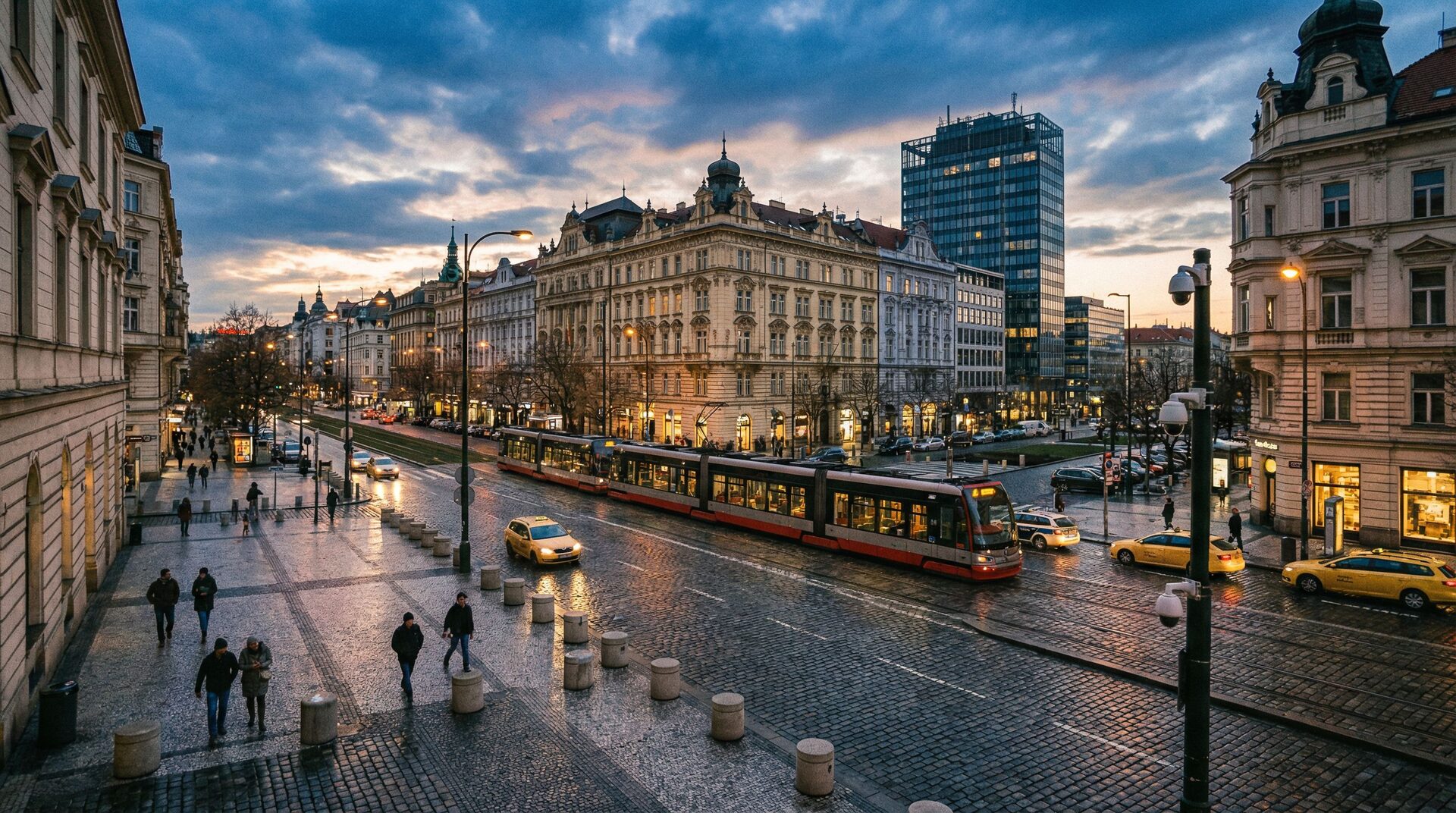 European city at dusk