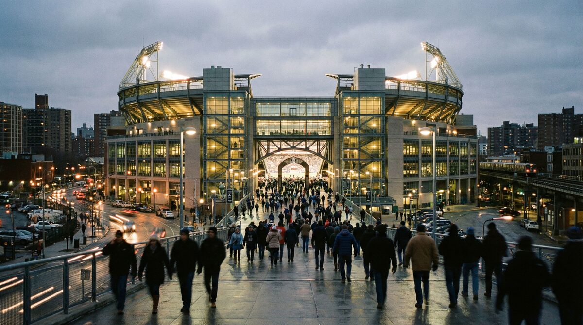Stadium exterior at dusk